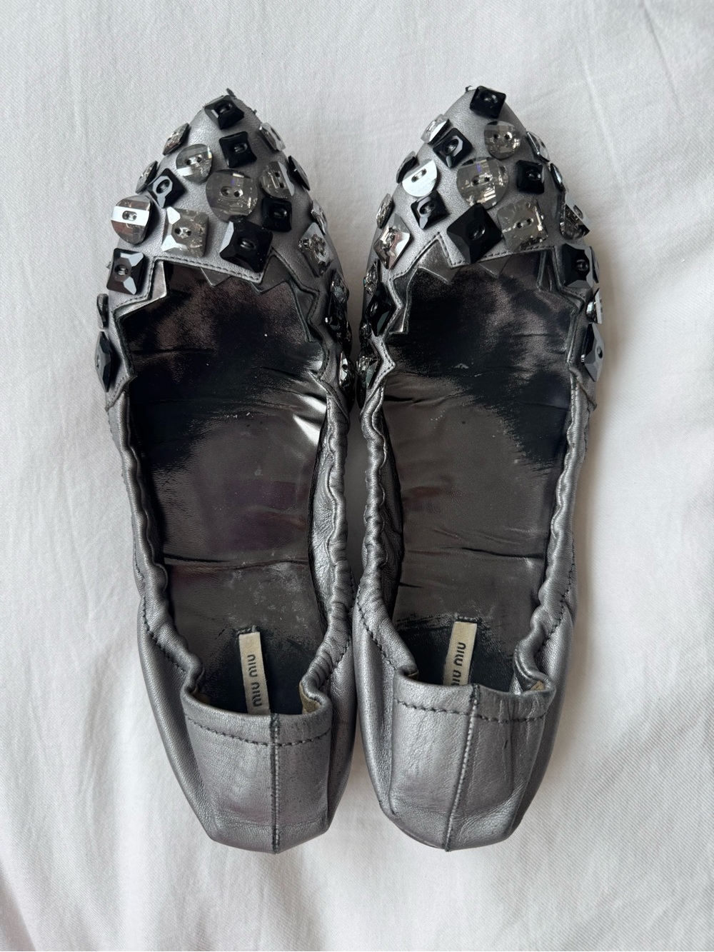 Miu Miu Silver Pointed Jeweled Ballet Flats